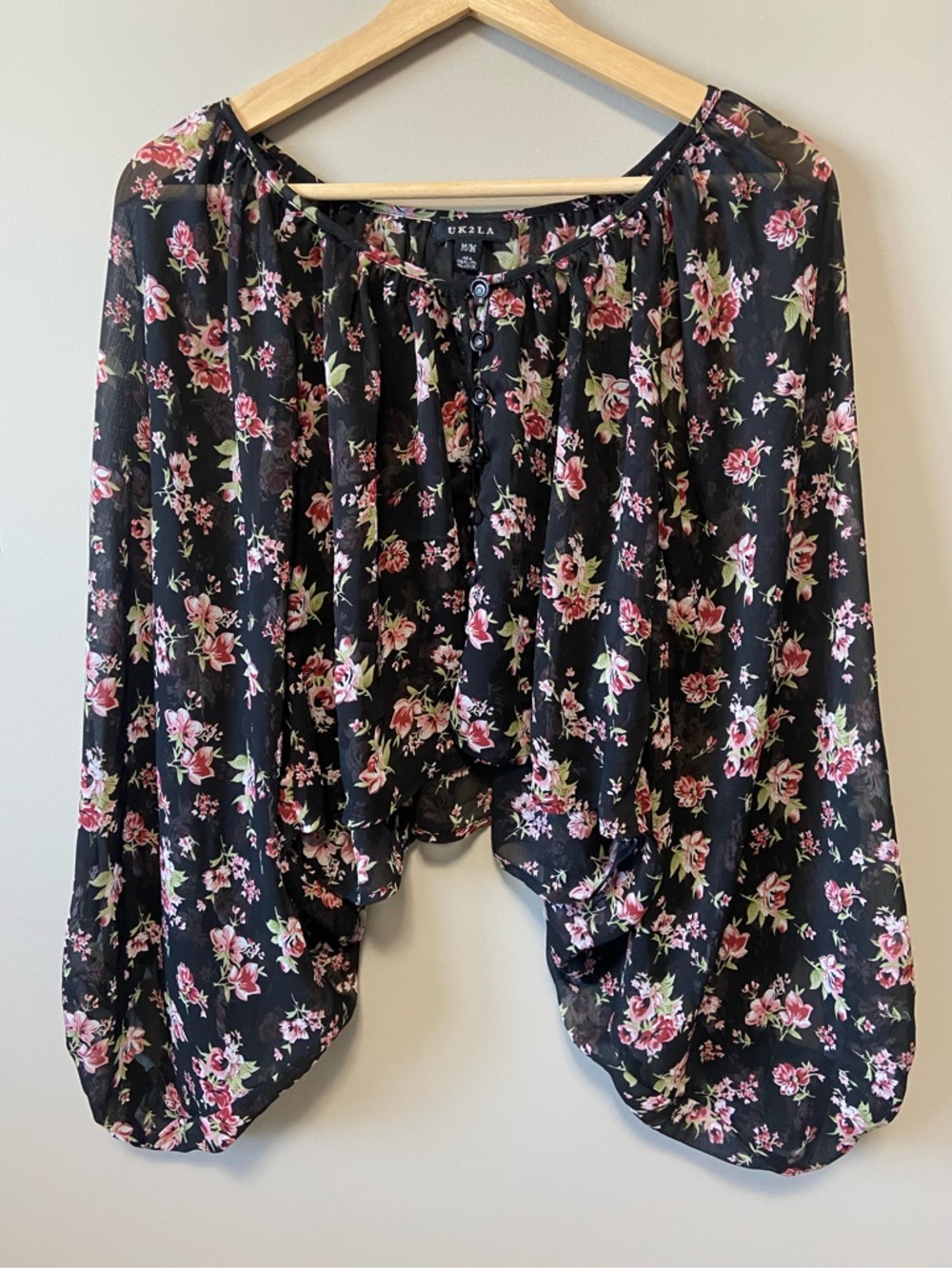 UK2LA Black Sheer Floral Button-Front Blouse with Pink Roses